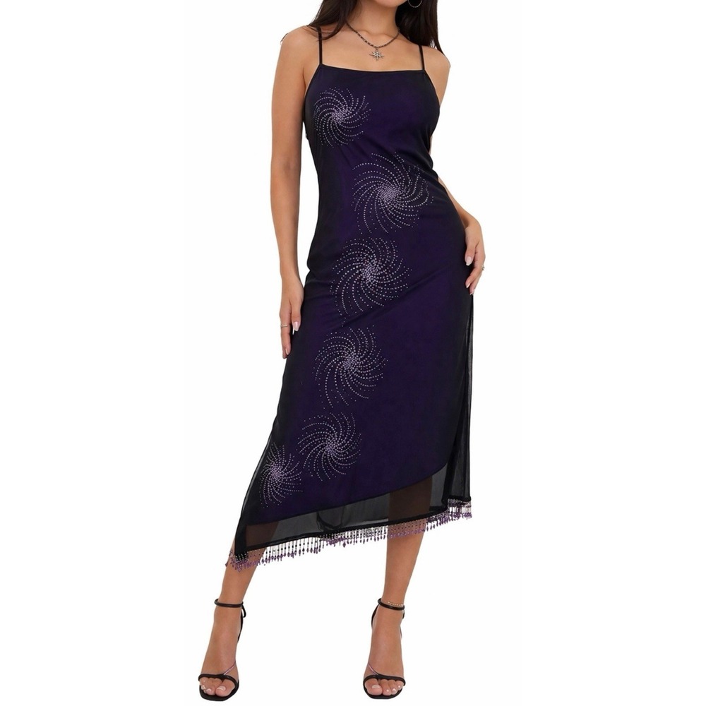 Candy Rocket VTG Y2K Black Sheer Mesh Asymmetric Beads Fringe Midi Dress‎ Goth L